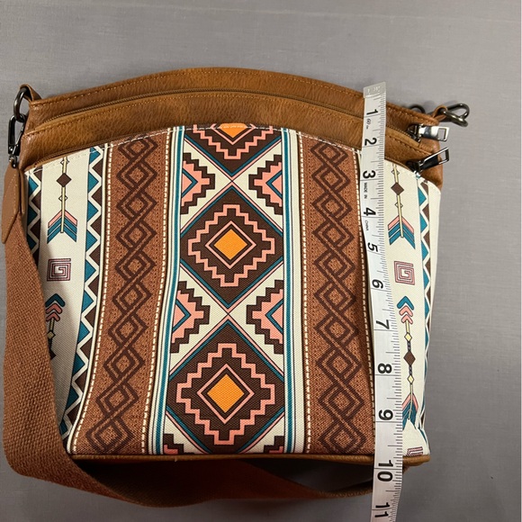 Boho Aztec Style Brown Crossbody Purse retro Canvas Western Pockets& Long Strap - Picture 6 of 7
